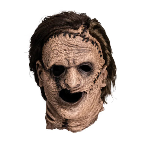 The Texas Chainsaw Massacre Leatherface Costume Mask of a full over the head latex mask of Leatherface's gruesome scars and stitches, weathered looking skin, and attached hair, front view