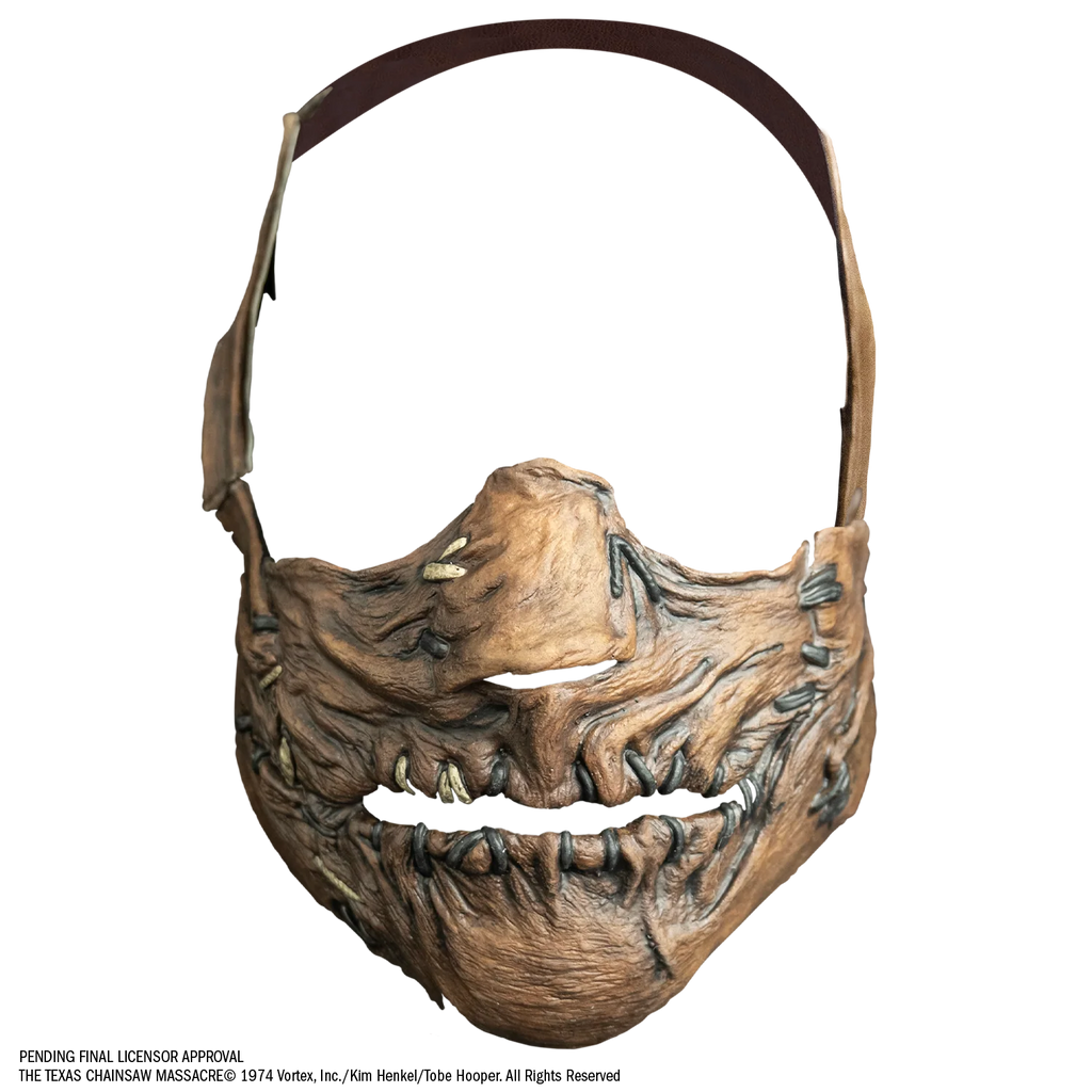 The Texas Chainsaw Massacre The Beginning Leatherface Muzzle Costume Mask of Leatherface's menacing muzzle mask with stitch and leather details and an adjustable leather strap, front view