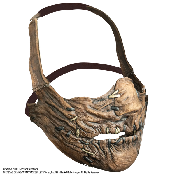The Texas Chainsaw Massacre The Beginning Leatherface Muzzle Costume Mask of Leatherface's menacing muzzle mask with stitch and leather details and an adjustable leather strap, right side profile