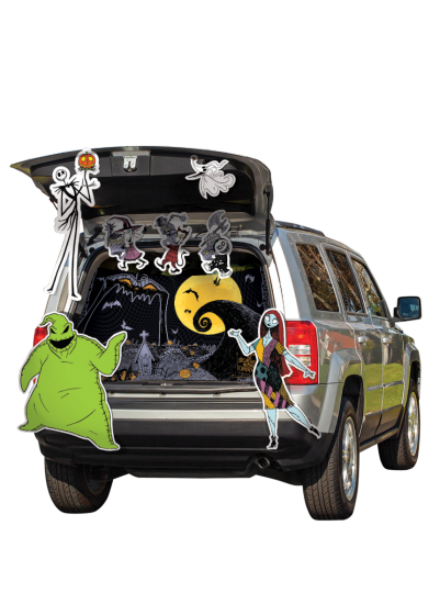 Tim Burton's The Nightmare Before Christmas Halloween Trunk or Treat Decoration Kit featuring multi‑piece set designed to transform a vehicle trunk into a spooky‑fun Halloween Town display, including three large character sheets printed with fan‑favorite figures such as Jack Skellington, Sally, Oogie Boogie, and Zero. The kit includes 24 pieces of 3M™ double‑stick foam for easy application, allowing each cutout to be arranged and layered across the trunk for a dynamic, dimensional setup