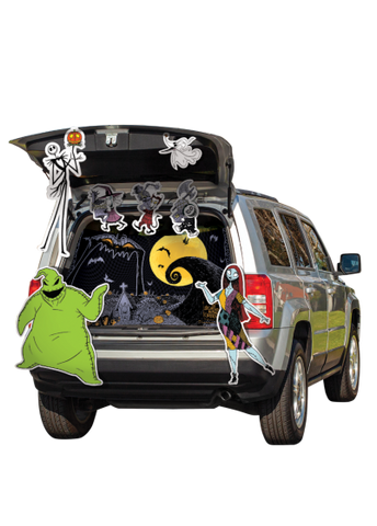 Tim Burton's The Nightmare Before Christmas Halloween Trunk or Treat Decoration Kit featuring multi‑piece set designed to transform a vehicle trunk into a spooky‑fun Halloween Town display, including three large character sheets printed with fan‑favorite figures such as Jack Skellington, Sally, Oogie Boogie, and Zero. The kit includes 24 pieces of 3M™ double‑stick foam for easy application, allowing each cutout to be arranged and layered across the trunk for a dynamic, dimensional setup