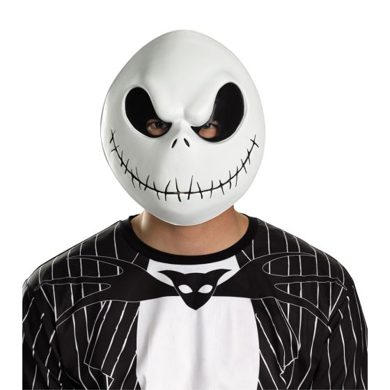 Tim Burton's The Nightmare Before Christmas Jack Skellington Vacuform Costume Mask Featuring a white vacuform mask designed of Jack Skellington, this accessory includes a rounded skull shape with large oval eye openings, small nose cutouts, and a wide stitched-style smile printed across the front. The mask has defined contour lines around the eyes and cheeks for a sculpted appearance and includes an elastic strap attached at the sides for secure wear.