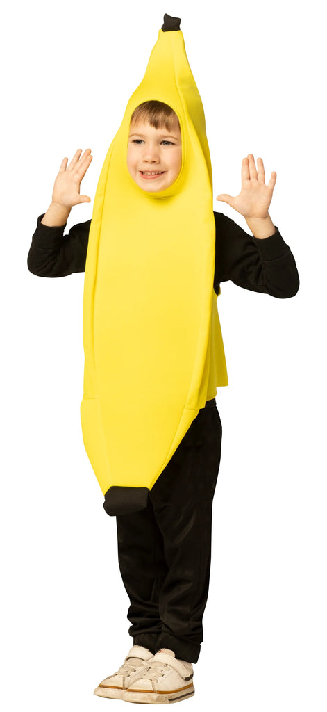 Toddler in Banana Costume Featuring a bright yellow banana-shaped tunic with a smooth fabric finish and a curved silhouette that tapers toward the top and bottom, accented by dark brown tips to mimic a real banana peel. The costume includes a front oval face opening and wide arm openings