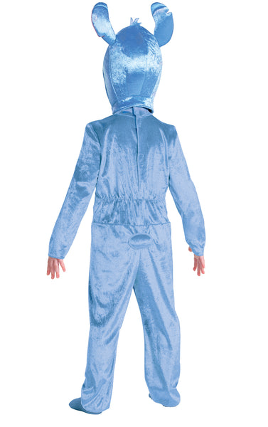 Back of Boy wearing the Toddlers/Kids Disney's Lilo & Stitch Costume featuring a soft, full‑body jumpsuit designed in bright blue velour‑style fabric with a lighter blue belly panel at the front, capturing Stitch’s signature character coloring. The costume includes an attached hood with stitched facial features, large upright ears lined with purple accents, and a small tuft detail at the top.