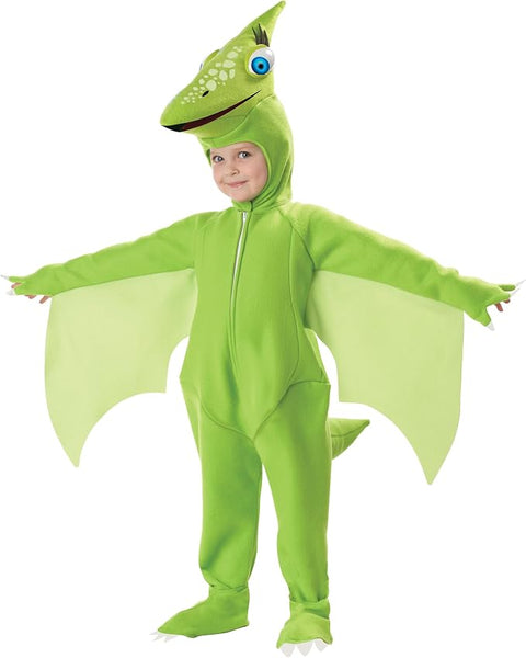 Child inthe Toddlers/Kids Tiny Pterodactyl Dinosaur Costume Featuring a bright green jumpsuit with a front zipper closure, attached wing panels extending from the arms to the sides, a small stuffed tail at the back, and matching green shoe covers, along with a character hood designed with a pterodactyl face including large blue eyes, a pointed beak, and printed scale details on top.