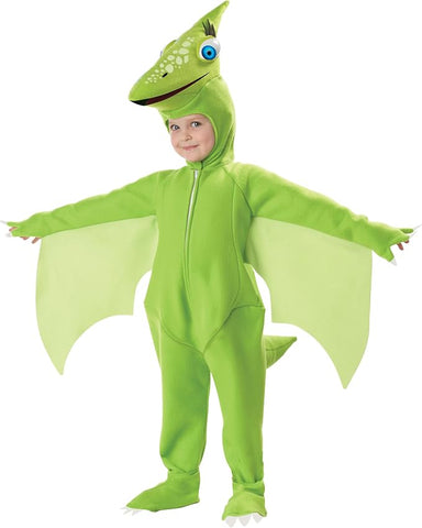 Child inthe Toddlers/Kids Tiny Pterodactyl Dinosaur Costume Featuring a bright green jumpsuit with a front zipper closure, attached wing panels extending from the arms to the sides, a small stuffed tail at the back, and matching green shoe covers, along with a character hood designed with a pterodactyl face including large blue eyes, a pointed beak, and printed scale details on top.