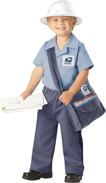 Boy in the Toddlers/Kids United States Post Office Mail Carrier Costume Featuring a light blue short-sleeve collared shirt with a United States Postal Service logo patch on the chest, matching blue pants with darker side stripes, a white rounded postal-style hat, and a crossbody mail bag with a wide strap and decorative red, white, and blue stripe detail on the pocket. 