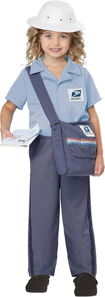Girl in the Toddlers/Kids United States Post Office Mail Carrier Costume Featuring a light blue short-sleeve collared shirt with a United States Postal Service logo patch on the chest, matching blue pants with darker side stripes, a white rounded postal-style hat, and a crossbody mail bag with a wide strap and decorative red, white, and blue stripe detail on the pocket. 