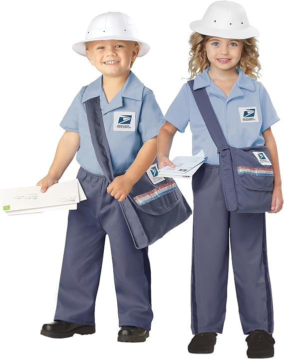 Boy and Girl in the Toddlers/Kids United States Post Office Mail Carrier Costume Featuring a light blue short-sleeve collared shirt with a United States Postal Service logo patch on the chest, matching blue pants with darker side stripes, a white rounded postal-style hat, and a crossbody mail bag with a wide strap and decorative red, white, and blue stripe detail on the pocket. 