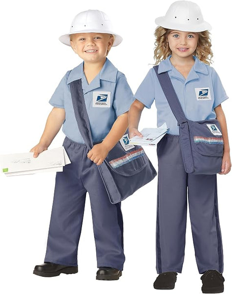 Boy and Girl in the Toddlers/Kids United States Post Office Mail Carrier Costume Featuring a light blue short-sleeve collared shirt with a United States Postal Service logo patch on the chest, matching blue pants with darker side stripes, a white rounded postal-style hat, and a crossbody mail bag with a wide strap and decorative red, white, and blue stripe detail on the pocket. 