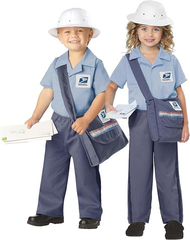 Boy and Girl in the Toddlers/Kids United States Post Office Mail Carrier Costume Featuring a light blue short-sleeve collared shirt with a United States Postal Service logo patch on the chest, matching blue pants with darker side stripes, a white rounded postal-style hat, and a crossbody mail bag with a wide strap and decorative red, white, and blue stripe detail on the pocket. 