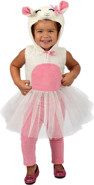 Girl in the Toddlers Liza Lamb Costume Featuring a soft plush tunic made from textured cream fleece designed to resemble lamb wool, with a rounded, padded body shape, a sleeveless slip-on style, a pink oval belly panel, and a matching hood headpiece detailed with embroidered facial features, upright ears lined in pink, and a small decorative bow accent, finished with a layered white tulle skirt overlay for added dimension.