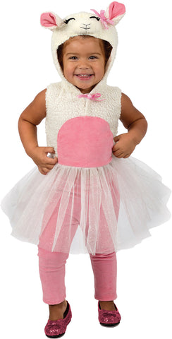 Girl in the Toddlers Liza Lamb Costume Featuring a soft plush tunic made from textured cream fleece designed to resemble lamb wool, with a rounded, padded body shape, a sleeveless slip-on style, a pink oval belly panel, and a matching hood headpiece detailed with embroidered facial features, upright ears lined in pink, and a small decorative bow accent, finished with a layered white tulle skirt overlay for added dimension.