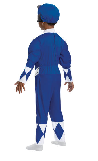 Back of the Toddlers Mighty Morphin Power Rangers Blue Ranger Muscle Costume Featuring a full-length blue jumpsuit with printed white diamond patterns across the chest and sleeves, this costume includes padded muscle detailing in the torso and arms for a sculpted appearance. The design incorporates an attached belt at the waist with a circular emblem at the center and is paired with a soft character headpiece designed with a dinosaur-inspired shape, including small horn details and eye openings at the front