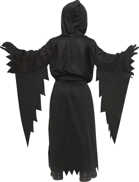 Backof Toddlers Scream Ghost Face Costume featuring  a long black hooded robe designed with a loose, flowing silhouette, wide draped sleeves, and jagged torn-style edges at the cuffs and hem, finished with a tie belt at the waist for a classic slasher look; includes matching black gloves and the iconic Ghost Face mask with the elongated white face, hollow black eye openings, and extended scream mouth for instant recognition