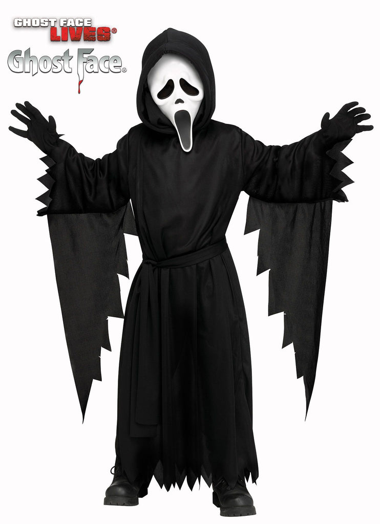 Toddlers Scream Ghost Face Costume featuring  a long black hooded robe designed with a loose, flowing silhouette, wide draped sleeves, and jagged torn-style edges at the cuffs and hem, finished with a tie belt at the waist for a classic slasher look; includes matching black gloves and the iconic Ghost Face mask with the elongated white face, hollow black eye openings, and extended scream mouth for instant recognition