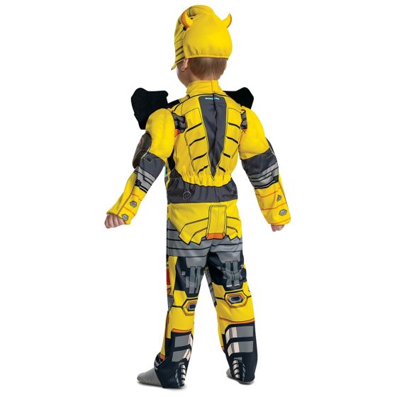 Back of Boy in Toddlers Transformers Bumblebee Muscle Costume
Featuring a full-length jumpsuit designed in bright yellow with black and gray mechanical-style armor printing, this costume includes padded muscle detailing in the torso and arms to create a sculpted look. The design incorporates printed panel sections across the chest, shoulders, and legs with metallic-inspired textures, along with attached boot covers for a complete appearance. The set also includes a soft character headpiece.