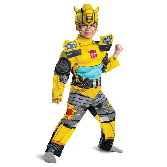 Boy in Toddlers Transformers Bumblebee Muscle Costume
Featuring a full-length jumpsuit designed in bright yellow with black and gray mechanical-style armor printing, this costume includes padded muscle detailing in the torso and arms to create a sculpted look. The design incorporates printed panel sections across the chest, shoulders, and legs with metallic-inspired textures, along with attached boot covers for a complete appearance. The set also includes a soft character headpiece.