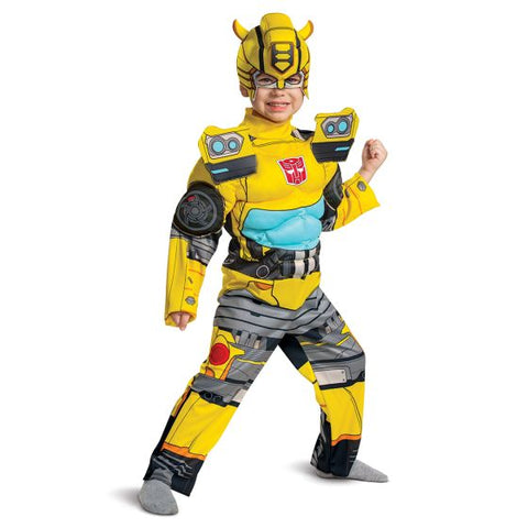 Boy in Toddlers Transformers Bumblebee Muscle Costume
Featuring a full-length jumpsuit designed in bright yellow with black and gray mechanical-style armor printing, this costume includes padded muscle detailing in the torso and arms to create a sculpted look. The design incorporates printed panel sections across the chest, shoulders, and legs with metallic-inspired textures, along with attached boot covers for a complete appearance. The set also includes a soft character headpiece.