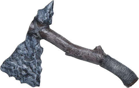 Tomahawk Axe Costume Prop features a bold axe‑style design with a wide silver‑tone blade molded from lightweight plastic, shaped with beveled edges and decorative cutout detailing for a stylized, stoney look; attached to a long brown handle finished with textured faux‑leather wrap near the grip, and accented with soft tan faux‑fur ties secured just below the blade, adding movement and rugged visual interest
