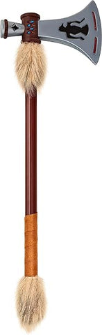 Tomahawk Costume Prop Weapon features  a traditional axe‑style design with a broad silver‑tone blade molded with cutout detailing and beveled edges, attached to a long brown handle finished with textured faux‑leather wrapping near the grip; accented with soft tan faux‑fur tufts tied beneath the blade and at the base of the handle, adding visual texture and a rustic, ceremonial look