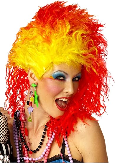 Woman in the True Colors 80s Pop Star Costume Wig Featuring a synthetic costume wig styled in a bold half-and-half color design, with bright yellow fibers on one side and vivid red fibers on the other, cut into a layered, voluminous shape with teased texture, spiky lift at the crown, and wild, uneven lengths that extend past the shoulders for dramatic effect.