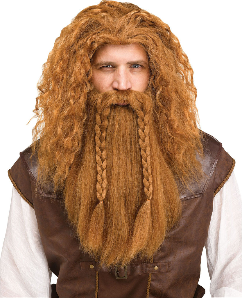 Auburn Viking Wig & Beard Costume Accessory Set featuring a full, long synthetic wig paired with a matching extended beard, both styled with thick, textured waves and a rugged, untamed finish; the beard includes integrated braided sections that hang down the front for an authentic Norse warrior look. 