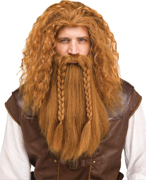 Auburn Viking Wig & Beard Costume Accessory Set featuring a full, long synthetic wig paired with a matching extended beard, both styled with thick, textured waves and a rugged, untamed finish; the beard includes integrated braided sections that hang down the front for an authentic Norse warrior look. 