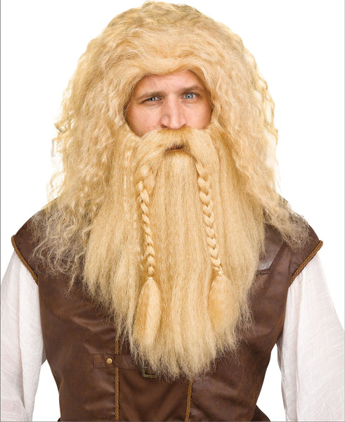 Blonde Viking Wig & Beard Costume Accessory Set featuring a full, long synthetic wig paired with a matching extended beard, both styled with thick, textured waves and a rugged, untamed finish; the beard includes integrated braided sections that hang down the front for an authentic Norse warrior look. 