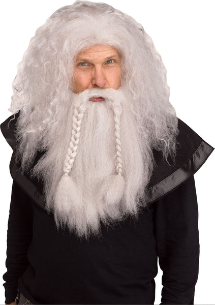 Gray-White Viking Wig & Beard Costume Accessory Set featuring a full, long synthetic wig paired with a matching extended beard, both styled with thick, textured waves and a rugged, untamed finish; the beard includes integrated braided sections that hang down the front for an authentic Norse warrior look. 