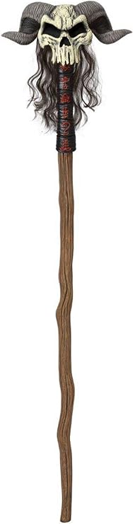 Warlock Skull Staff Costume Prop Accessory Featuring a black staff measuring approximately 58 inches when assembled from three connectable pieces, with a long smooth shaft and a detailed skull-shaped topper in metallic gray tones, designed with wing-like side panels, engraved mechanical-style accents, and bright red eyes set into the skull for a bold focal point.