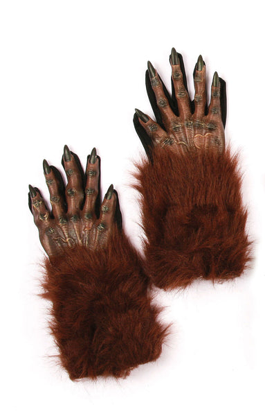 Brown Werewolf Gloves Costume Accessory featuring  pair of full‑coverage gloves designed with sculpted monster‑style hands, complete with long, pointed claw nails and deeply textured “skin” detailing across the fingers and knuckles; finished with extended faux‑fur cuffs that cover the wrists and lower forearms for a seamless transformation effect. 