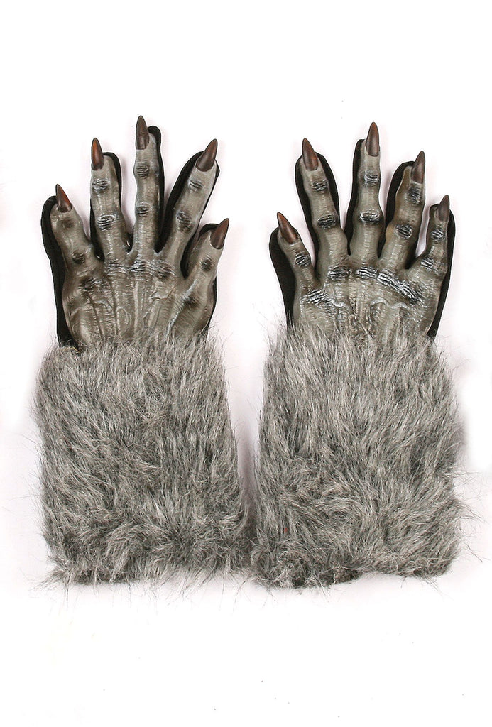 Gray Werewolf Gloves Costume Accessory featuring pair of full‑coverage gloves designed with sculpted monster‑style hands, complete with long, pointed claw nails and deeply textured “skin” detailing across the fingers and knuckles; finished with extended faux‑fur cuffs that cover the wrists and lower forearms for a seamless transformation effect. 