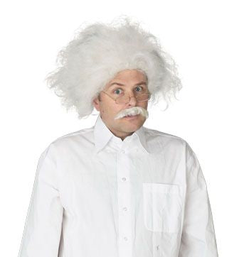 White Hair Scientist Wig and Mustache Costume Accessory Set features a wild, voluminous white synthetic wig styled with frizzy, untamed hair that flares outward around the head, paired with a matching thick white mustache designed with a slightly curved, bushy shape that sits prominently above the upper lip