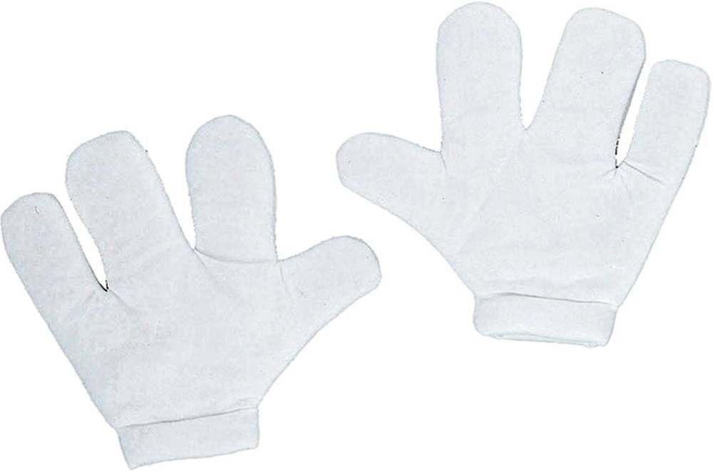 White Jumbo Foam Cartoon Gloves Costume Accessory which includes an oversized pair of plush white gloves made from soft foam material, designed with exaggerated rounded fingers and a smooth, padded palm for a classic cartoon silhouette; finished with ribbed cuffs at the wrists that help define the shape and keep the gloves looking clean and uniform