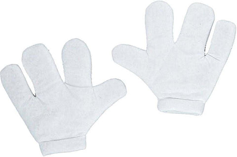 White Jumbo Foam Cartoon Gloves Costume Accessory which includes an oversized pair of plush white gloves made from soft foam material, designed with exaggerated rounded fingers and a smooth, padded palm for a classic cartoon silhouette; finished with ribbed cuffs at the wrists that help define the shape and keep the gloves looking clean and uniform