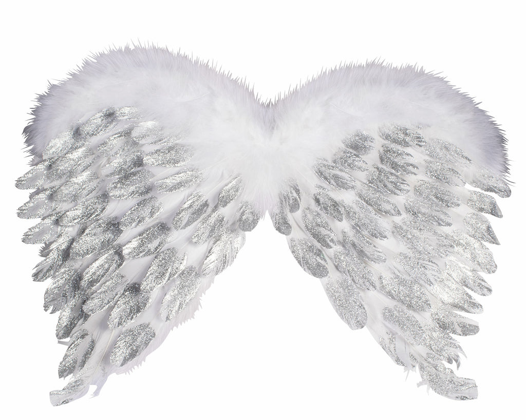 White Feather Angel Wings with Silver Glitter Costume Accessory featuring layered white feather wings with a soft, fluffy feather trim along the top edge; detailed with silver glitter accents brushed across the inner feather layers, adding shimmer and contrast while preserving a bright, angelic color palette; designed in a classic curved