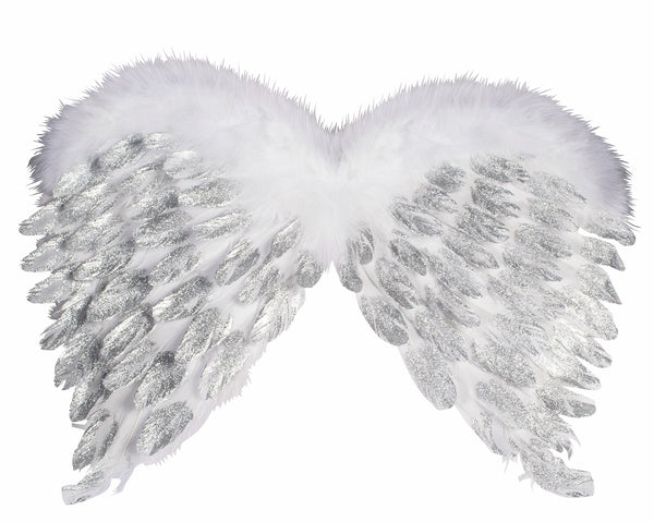 White Feather Angel Wings with Silver Glitter Costume Accessory featuring layered white feather wings with a soft, fluffy feather trim along the top edge; detailed with silver glitter accents brushed across the inner feather layers, adding shimmer and contrast while preserving a bright, angelic color palette; designed in a classic curved