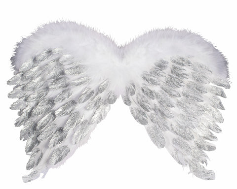 White Feather Angel Wings with Silver Glitter Costume Accessory featuring layered white feather wings with a soft, fluffy feather trim along the top edge; detailed with silver glitter accents brushed across the inner feather layers, adding shimmer and contrast while preserving a bright, angelic color palette; designed in a classic curved