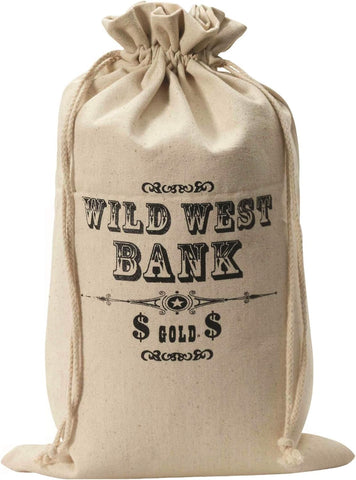 Wild West side featuring  a canvas‑style drawstring sack in a natural off‑white color, designed with a gathered top and thick rope drawstrings that cinch closed; printed on one side with bold black Western‑style text reading “WILD WEST BANK $ GOLD $” surrounded by decorative scroll accents