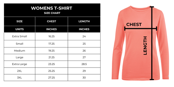 Size chart showing chest and length measurements for Boots and Brothers Womens shirts 