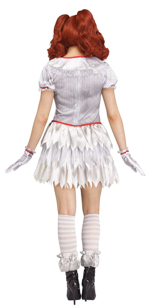 Back of Woman standing in the Womens Carnevil Clown Costume featuring a short silver‑gray dress designed with a subtle vertical stripe pattern, accented with red trim at the neckline and sleeves and three large red pom‑pom buttons down the front. The dress includes puffed short sleeves with ruffle edging and layered jagged skirt panels for a torn, carnival‑style finish. The look is completed with matching satin‑style gloves, knee-high socks, and ruffled ankle cuffs with red bow accents