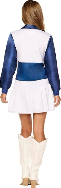 Back view of Woman posing in the  Deluxe Dallas Cowboys Cheerleader Costume Dress Featuring a deluxe cheerleader-style costume dress designed in blue and white with a satin-look finish, long blue sleeves, a blue front tie accent at the neckline, and a white vest-style overlay trimmed with decorative fringe. The dress is detailed with metallic-look star appliqués on the vest and skirt, a fitted blue waistband, and a short white pleated skirt.