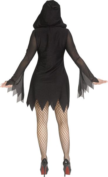 Back of the Womens Deluxe Scream Bling Ghost Face Costume Dress featuring  a sleek black hooded mini dress designed with a fitted silhouette, sparkle fabric, and a lace‑up neckline for added detail; styled with sheer mesh long sleeves and a jagged cut hem for a modern, edgy finish, and includes matching black gloves to complete the look; paired with a fully rhinestone‑covered Ghost Face mask, designed with individually placed stones that create extra shimmer and shine, and darker accents around eyes
