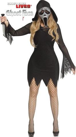 Woman posing in the Womens Deluxe Scream Bling Ghost Face Costume Dress featuring  a sleek black hooded mini dress designed with a fitted silhouette, sparkle fabric, and a lace‑up neckline for added detail; styled with sheer mesh long sleeves and a jagged cut hem for a modern, edgy finish, and includes matching black gloves to complete the look; paired with a fully rhinestone‑covered Ghost Face mask, designed with individually placed stones that create extra shimmer and shine, and darker accents around eyes