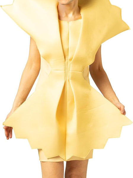 Close up of Woman in the Womens Farfalle Bow Tie Pasta Costume Dress Featuring a structured foam dress in a soft golden-yellow color designed to mimic farfalle pasta, with a cinched center and flared, ruffled edges that create a bow tie silhouette. The costume includes layered, folded panel detailing at the front and back to resemble pasta texture, with wide shoulder coverage