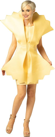 Woman in the Womens Farfalle Bow Tie Pasta Costume Dress Featuring a structured foam dress in a soft golden-yellow color designed to mimic farfalle pasta, with a cinched center and flared, ruffled edges that create a bow tie silhouette. The costume includes layered, folded panel detailing at the front and back to resemble pasta texture, with wide shoulder coverage