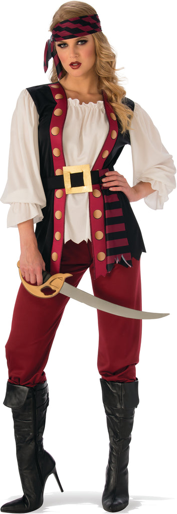 Lady in the Womens Lusty Pirate Costume Featuring a multi-piece pirate costume set including a white peasant-style blouse with loose sleeves, a black vest with red trim and gold button accents, a wide black belt with a large square gold buckle, red pants with a relaxed fit, and a matching red and black striped headband designed to tie around the head.