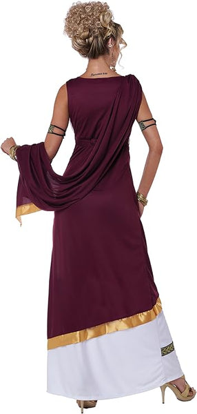 Back of woman in the Womens Roman Empress Costume Dress Featuring a full-length dress with a white base and a deep burgundy overlay drape that extends across one shoulder and flows down the side, trimmed with gold edging, along with an attached sash-style drape that cascades from the waist, two round medallion pins at the shoulders, and two metallic-look armbands with decorative patterning.