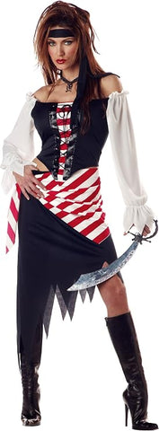 Womens Ruby the Pirate Beauty Costume Featuring a multi-piece pirate costume dress designed with a black bodice and lace-up front panel accented in red and white, off-the-shoulder white blouse sleeves with gathered cuffs, a fitted waist with an attached red and white striped sash detail, and a long black skirt with a jagged hemline for a rugged, high-seas finish.